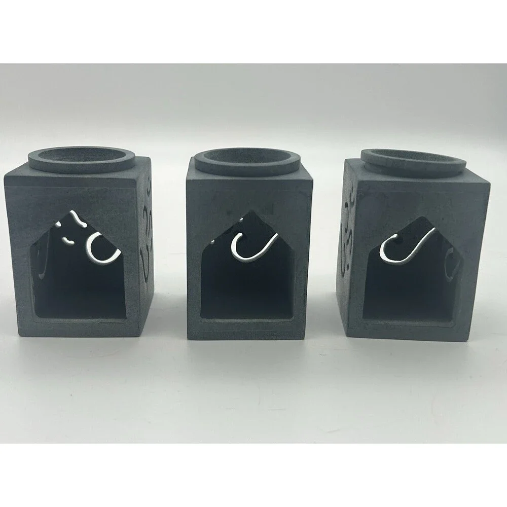 Set Of 3 -Soapstone Incense Oil Diffuser/candle  Hand Carved Ornate Green/Gray